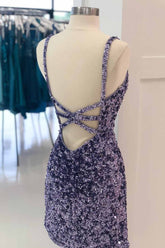 Misshow Sheath Spaghetti Straps Purple Sequins Short Cocktail Dress